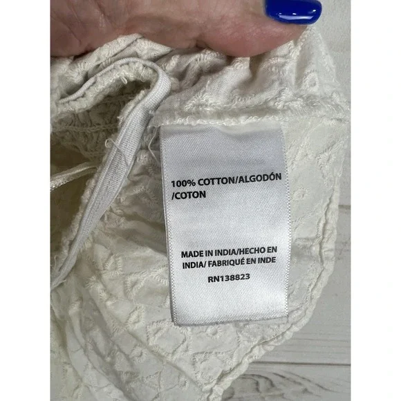 Shyanne Tank Top Womens Small White Embroidered Smocked Lace Up Ruffle Hem Boho - Picture 6 of 6